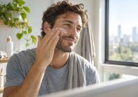 Hombre se aplica protección solar facial en una habitación iluminada