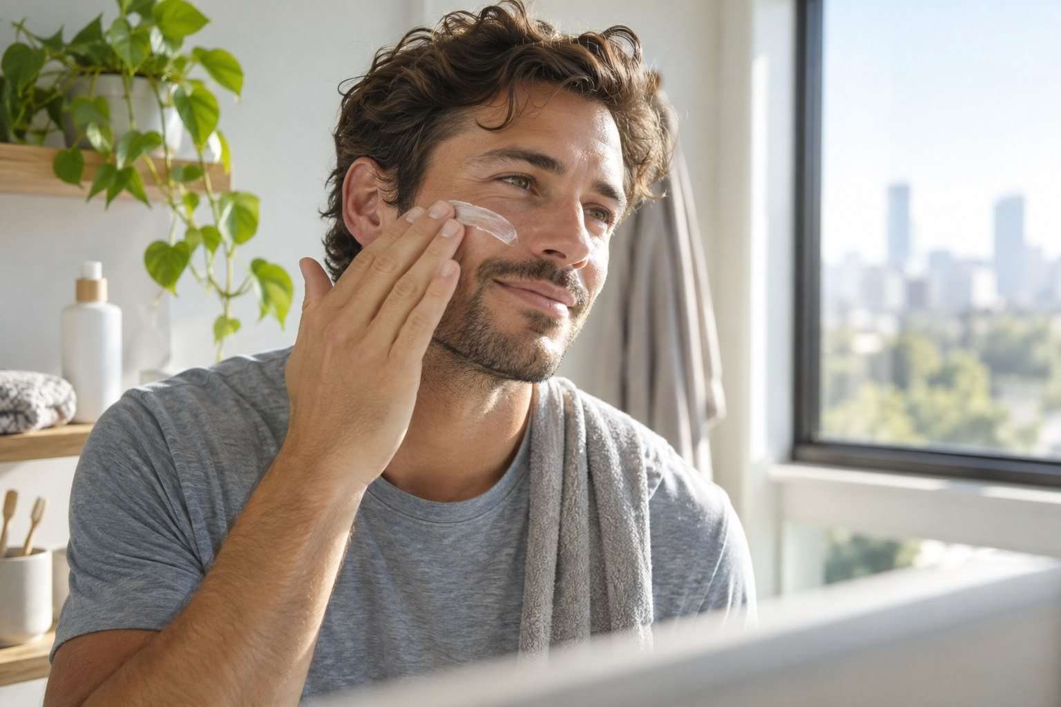 Protección solar masculina sin complicar la rutina de mañana — Imagen 1 Hombre se aplica protección solar facial en una habitación iluminada
